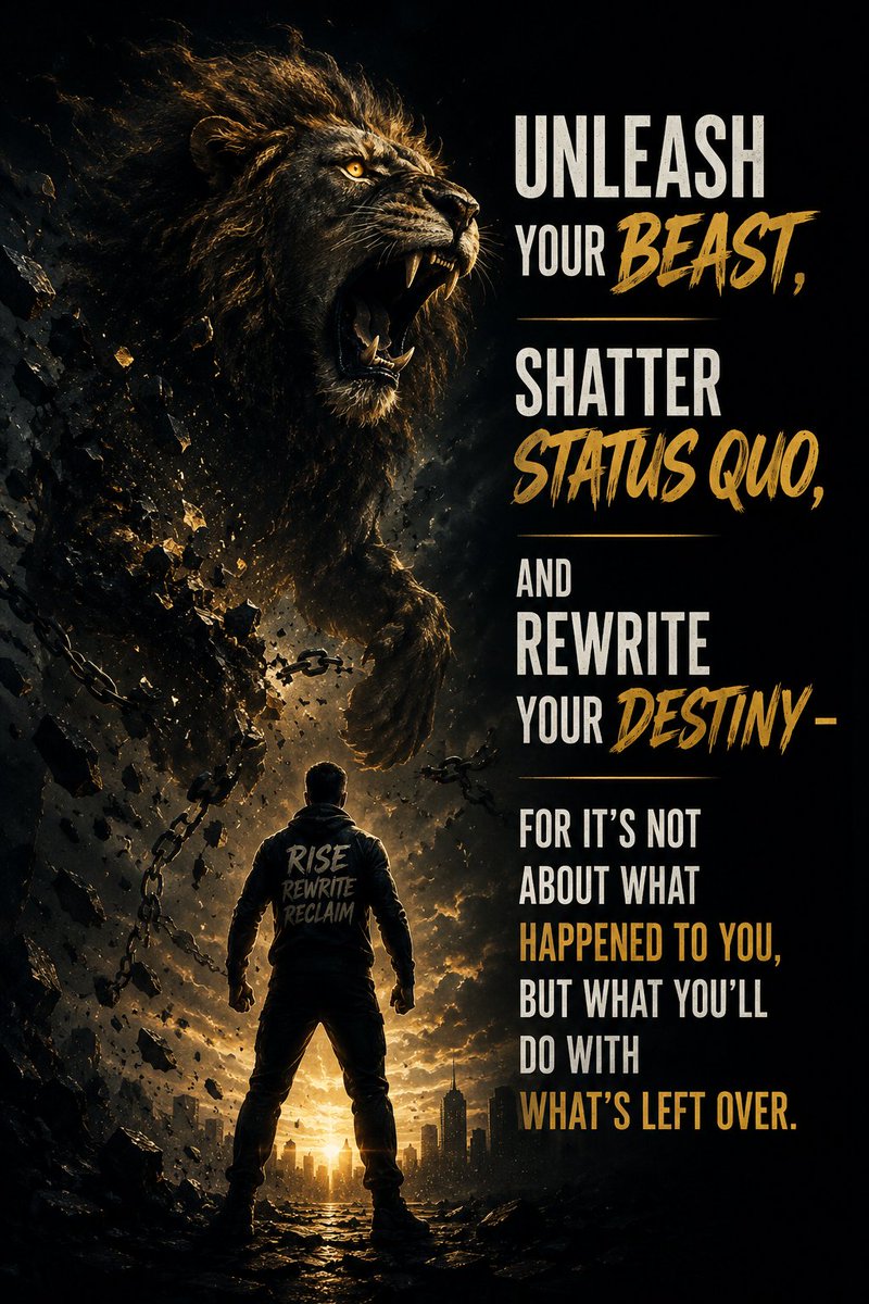 AlphaMindQuotes's tweet photo. Unleash your beast, shatter status quo, and rewrite your destiny - for it's not about what happened to you, but what you'll do with what's left over. https://t.co/Xn1ClZLhUb