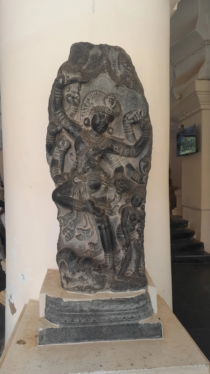 SelvanKJ's tweet photo. Gajasamharamoorthi (the Slayer of the Elephant Demon) is one of the fiercest and most dynamic forms of Shiva, depicting him vanquishing the elephant demon, Gajasura. This form symbolizes the triumph of divine power over arrogance and evil.

The image of Gajasamharamoorthi became especially popular in Pallava and Chola art, where Shiva is portrayed in a vigorous dance, draped in the flayed hide of the slain elephant demon.

The sculpture shown here is from the Thanjavur Art Gallery.

The most important shrine dedicated to Gajasamharamoorthi is located at Vazhuvur in Mayiladuthurai district, Tamil Nadu.

The temple houses a magnificent eight-armed bronze image of Shiva in this form and is one of the revered Ashta Veeratta Sthalams (the Eight Heroic Abodes), the eight sacred temples that commemorate Shiva's heroic deeds.