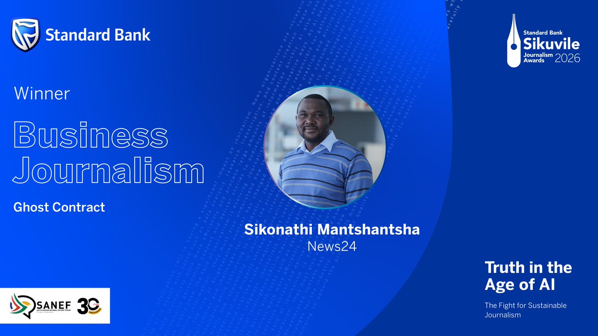 SAEditorsForum's tweet photo. The winner of the Business Journalism Category is .... @StandardBankZA . #SikuvileAwards2026 #JournalismMatters #TruthInTheAgeOfAI https://t.co/JTeM8QdkwU