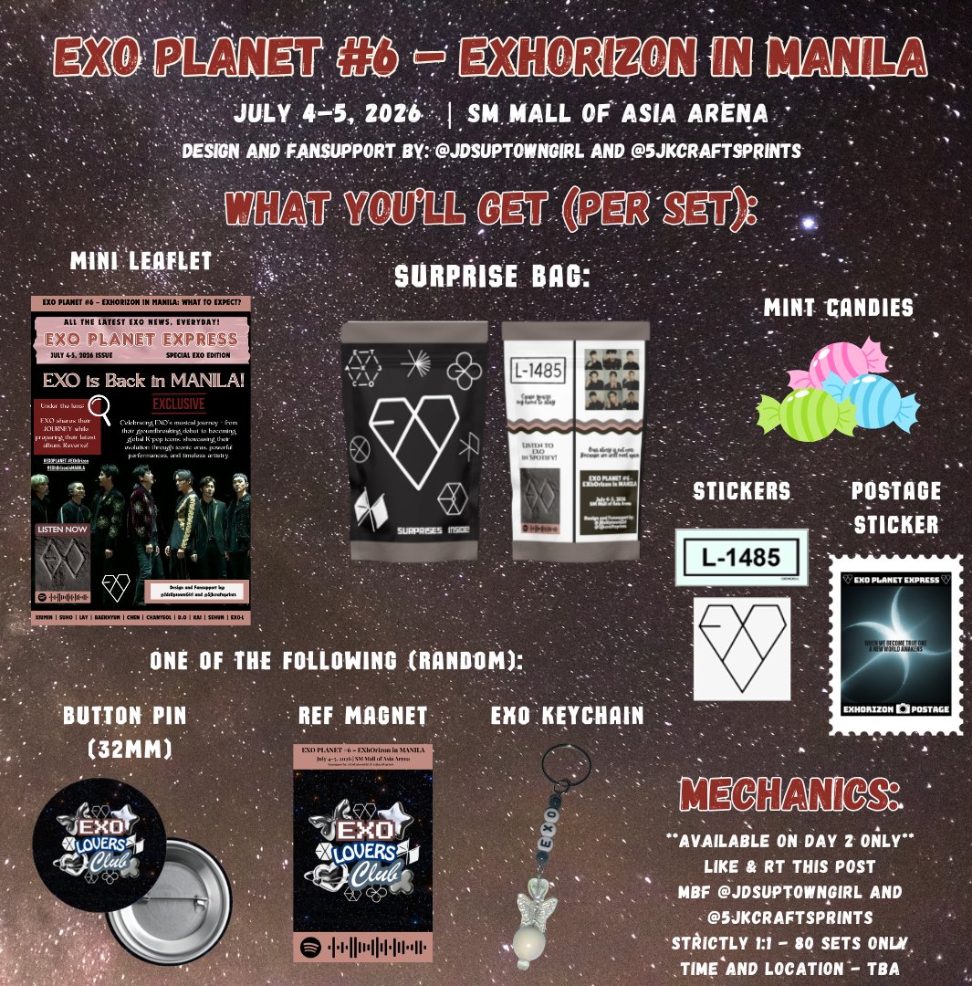 JDsUptownGirl's tweet photo. ✨EXO PLANET #6 – EXhOrizon in MANILA✨
Fansupport by: @JDsUptownGirl &amp; @5jkcraftsprints 

📷See pubmat below for more details
🗓️July 05 (Day 2) only 
🔀Pls help rt to spread
👋See you, EXO-Ls! 

#EXO #EXOPLANET #EXhOrizon #EXhOrizoninMANILA https://t.co/OeNdDLRDkH