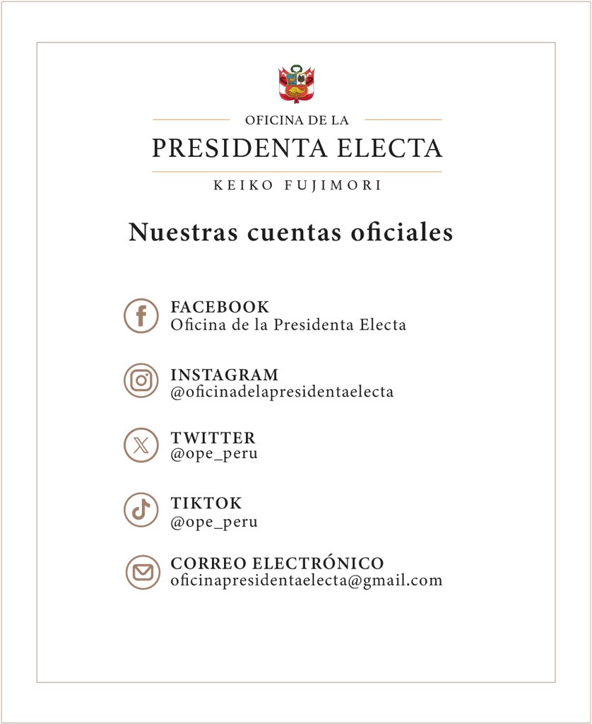 KeikoFujimori's tweet photo. Concluido el proceso electoral y proclamados los resultados por el JNE, recibo con profundo agradecimiento la confianza que millones de peruanos han depositado en mí.

Empieza una nueva etapa. La asumimos con responsabilidad, humildad y un profundo sentido del deber. Cada día de este proceso de transición es una oportunidad para escuchar, dialogar y llegar preparados al inicio del nuevo gobierno.

A través de estas cuentas, se compartirán los avances de esta etapa y el trabajo que venimos realizando. Los invito a acompañarnos.