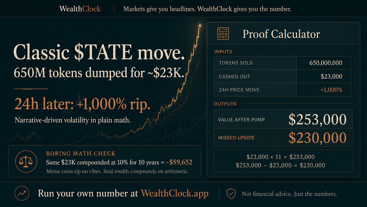 WealthClockBTC's tweet photo. Classic $TATE move: dump 650M tokens for ~$23K, then “claim creator fees” and watch retail FOMO send it ripping 1,000% in 24 hours.

That’s textbook narrative-driven volatility.

At https://t.co/AzZwFA1eCp, we don’t chase 24-hour pumps — we run the math.

Plug that same $23K into our compound interest or Bitcoin future value calculators and compare what boring, consistent accumulation could look like over 5–10 years.

Meme coins run on vibes. Real wealth compounds on arithmetic.

Not financial advice. Just the numbers.
 https://t.co/AzZwFA1eCp