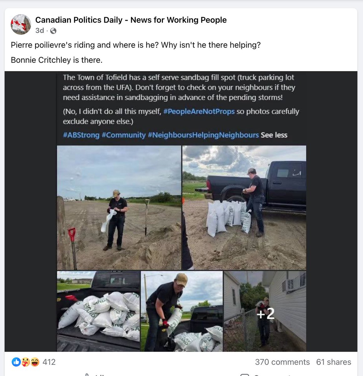 RGBAtlantica's tweet photo. During the flooding in Battle River-Crowfoot, Bonnie Critchley was slinging sandbags to protect homes, businesses. Days later @PierrePoilievre came and did the typical photo ops with men and didn't even get his hands dirty. That riding picked the wrong person. #Alberta https://t.co/4w7ge0vjVx