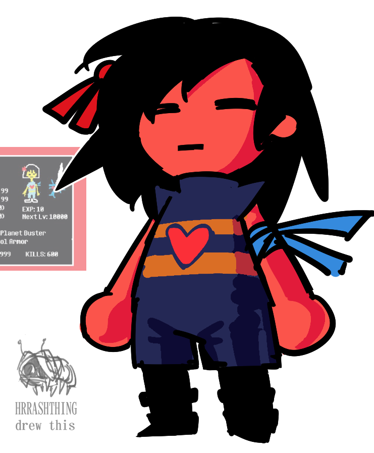 HRRASHTHING's tweet photo. if the kris PATIENCE soul thing is real this implies humans in the deltarune universe turn the color of their soul in the dark world so this gave me an idea for a frisk design https://t.co/u7o0FLlALb