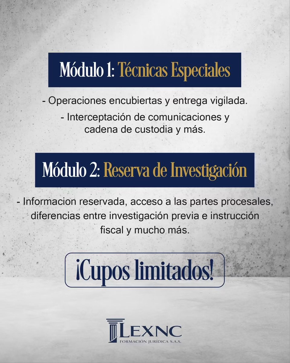 LEXNCFormacion's tweet photo. ¡La legalidad de la prueba lo es todo! 🏛️ Conoce las consecuencias procesales por la vulneración de la reserva y domina el control de las operaciones encubiertas ⚖️ Fortalece tus destrezas con la metodología práctica de LEXNC 🎓 

⚖️ Curso especializado avalado por el CAP https://t.co/dLqmD3merW