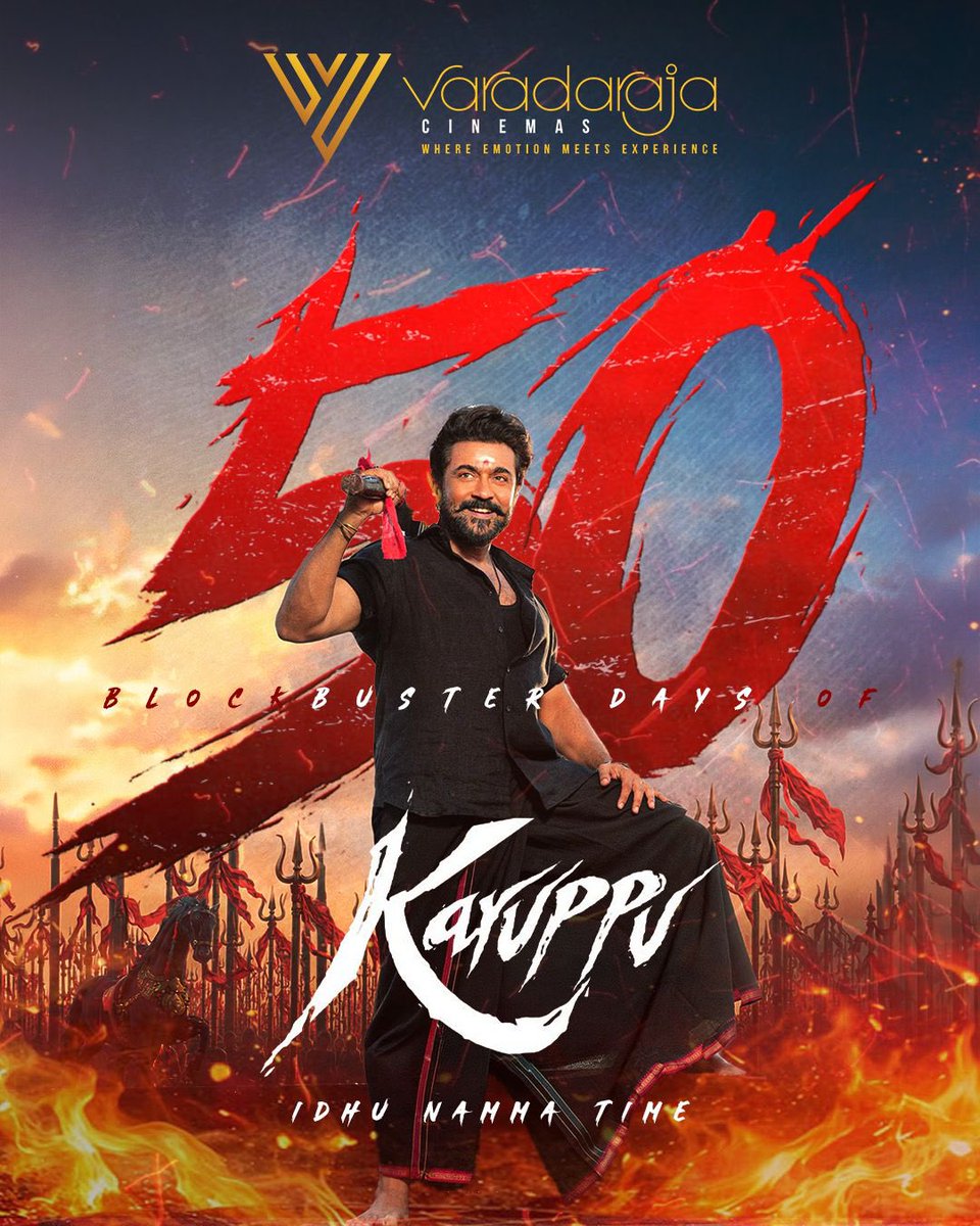 Varadharajaths's tweet photo. 50 DAYS. STILL ROARING. 🖤🔥
The whistles haven’t stopped. The celebrations haven’t slowed. The love keeps getting louder!

#Karuppu completes a power-packed 50 days, and this milestone belongs to every fan who turned every show into a celebration. 💥🍿

#50daysofKaruppu 

@SakthiFilmFctry @Harshath_rvs @RJ_Balaji @Suriya_offl @trishtrashers @SaiAbhyankkar