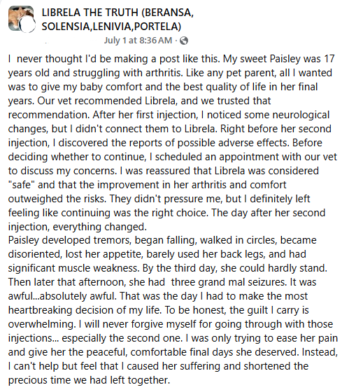badpetmeds's tweet photo. Another dog owner who trusted their vet, and another dog who suffered horribly and lost her life.  And the owner will always carry the guilt and never forgive herself.  RIP Paisley. 🌈💔😢
#SayNoToLibrela #RecallLibrela #Librela
1/2 https://t.co/ELw3hEFpV1