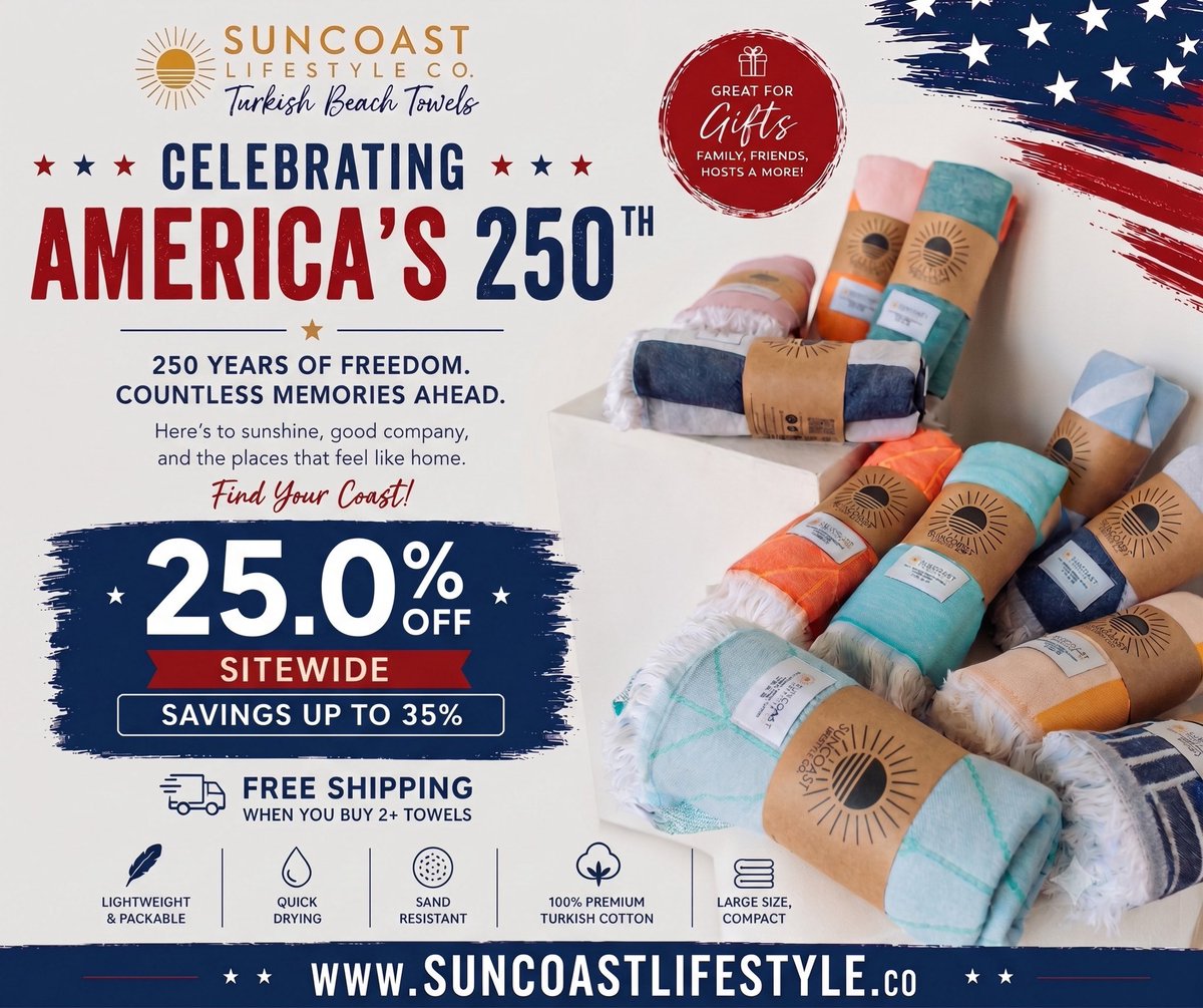 SuncoastCo's tweet photo. https://t.co/pT10o6TsVP shop our America 250 - Fourth of July Sale today! A minimum savings of 25.0% and savings up to 35% off! Get summer ready with premium organic cotton beach towels. Lightweight, quick-drying, and ultra soft! https://t.co/bbsEtaQnCE