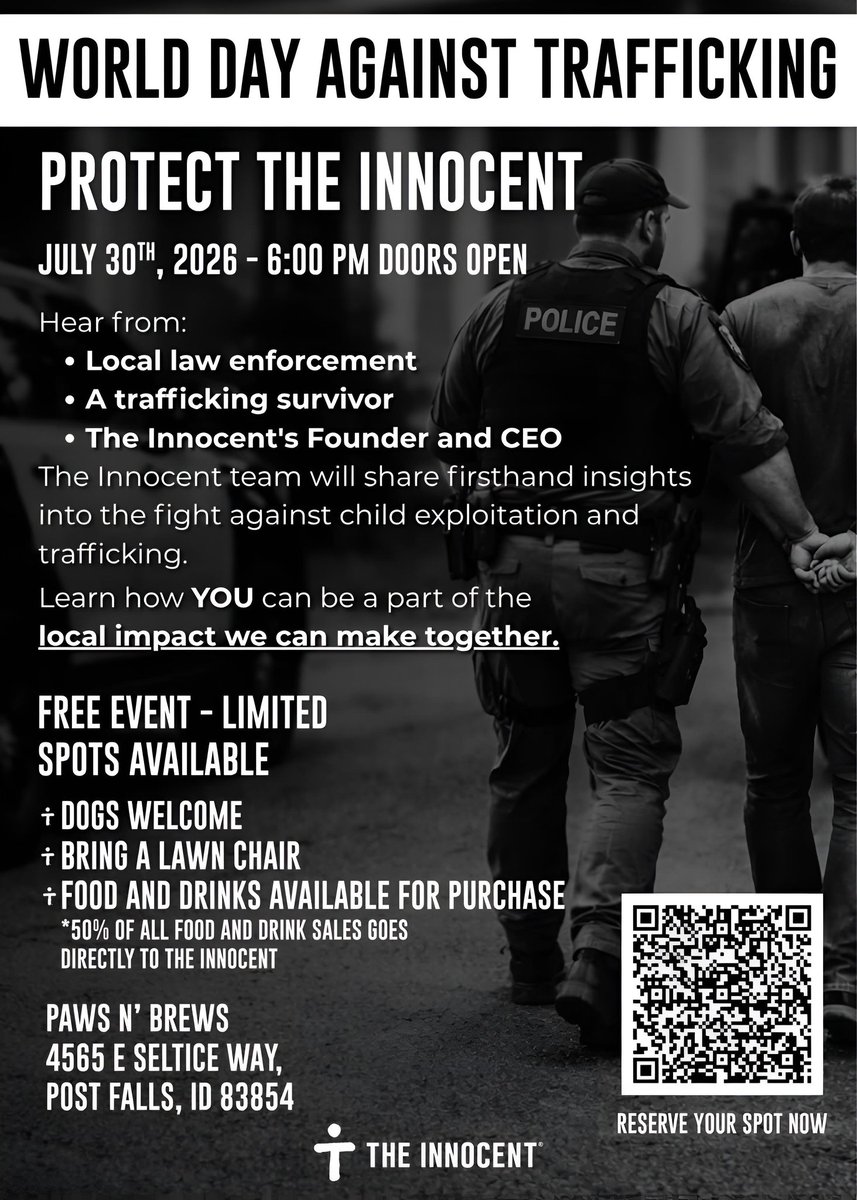 toni_triano's tweet photo. 1) 
"MARK YOUR CALENDAR. 
On July 30th, World Day Against Trafficking, we are hosting a free community event at Paws N' Brews in Post Falls to talk honestly about child trafficking and what is being done to stop it locally..." https://t.co/GPplm70fOC