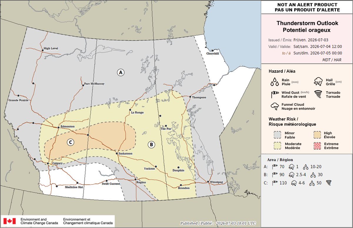 TwistaHunterz's tweet photo. Environment Canada has issued a HIGH RISK in Central Alberta &amp; Saskatchewan tomorrow. Severe storm threats include very large hail, damaging wind gusts &amp; tornadoes. I’ll once again be in FULL CHASE MODE providing updates. 🤘🏻🌪️
#abstorm #skstorm https://t.co/kroB3eVmex
