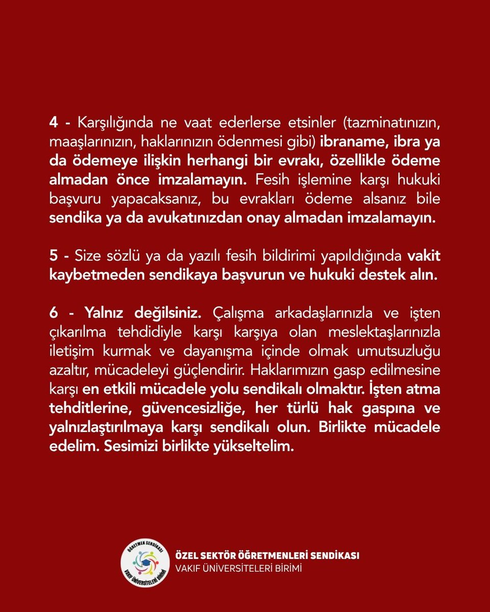VakifSendika's tweet photo. İşten çıkarılmalara karşı yapılması gerekenler👇🏾

Her yaz dönemi gibi yine onlarca vakıf üniversitesinde yüzlerce akademisyenin keyfi ve hukuksuz biçimde sözleşmeleri feshediliyor.

Bütün meslektaşlarımızı bu saldırılara karşı mücadele etmek için sendikalı olmaya davet ediyoruz. https://t.co/7afJMbU1qv