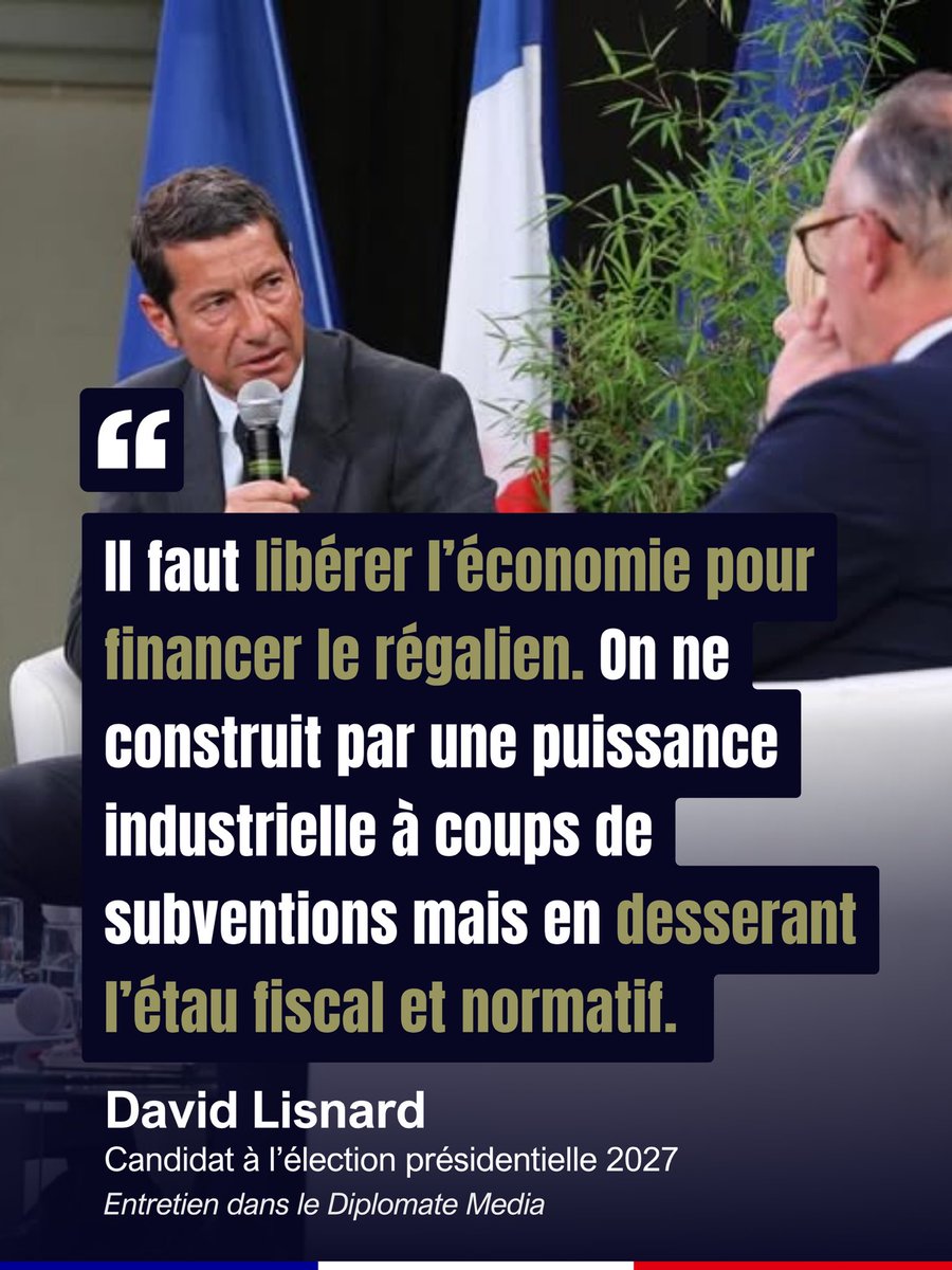FranceavecDL's tweet photo. On ne finance ni la police, ni la justice, ni la défense avec des taxes et des normes toujours plus nombreuses. On les finance avec une économie qui crée de la richesse.

La vraie souveraineté commence par la liberté économique. 🇫🇷 @davidlisnard 

 #NouvelleEnergie https://t.co/UFiypFhs8P