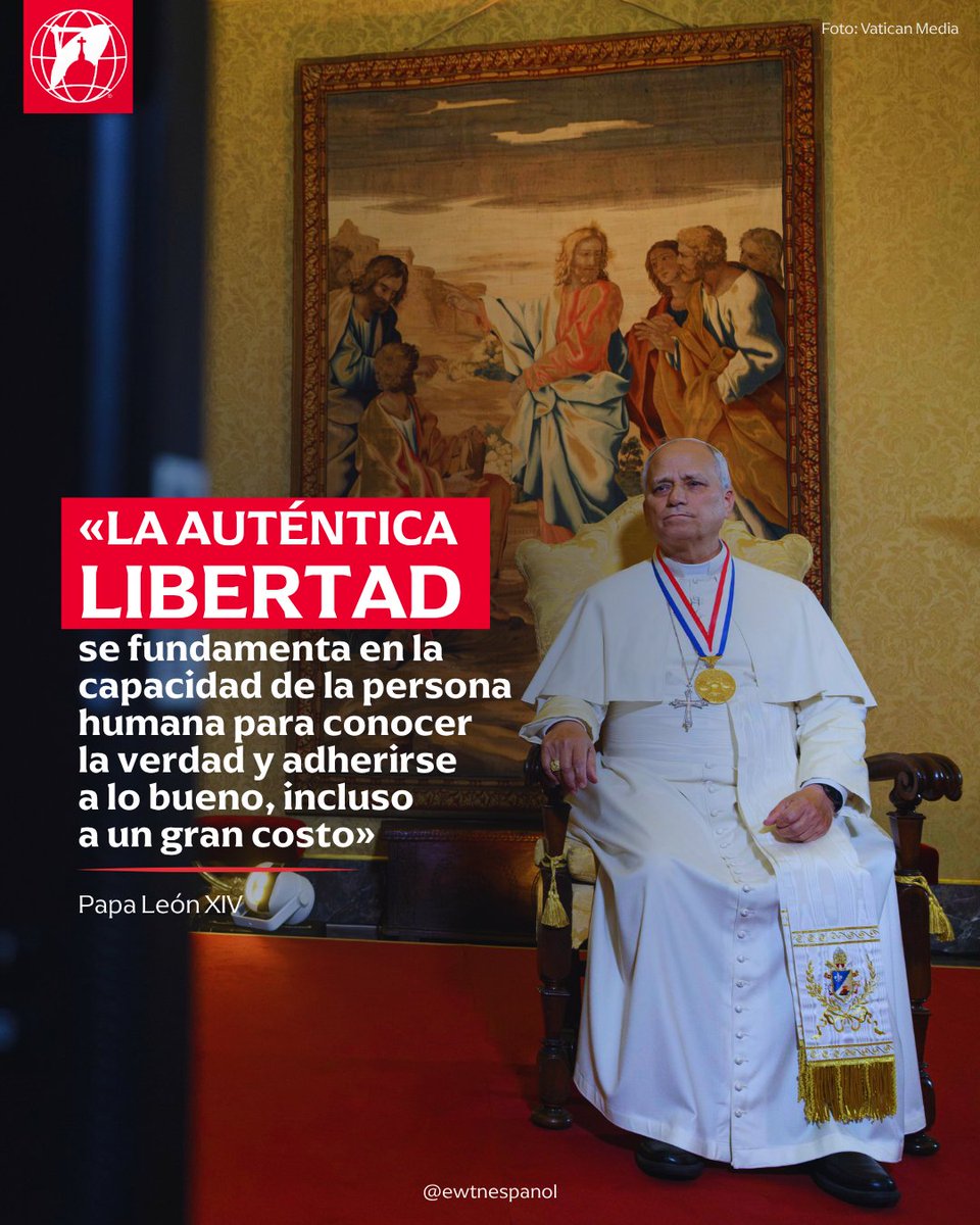 EWTNespanol's tweet photo. "La auténtica libertad se fundamenta en la capacidad de la persona humana para conocer la verdad y adherirse a lo bueno, incluso a un gran costo" Papa león XIV en su Discurso del Santo Padre con motivo de la entrega de la Liberty Medal del Centro Constitucional Nacional. https://t.co/w7CvoWZSaP