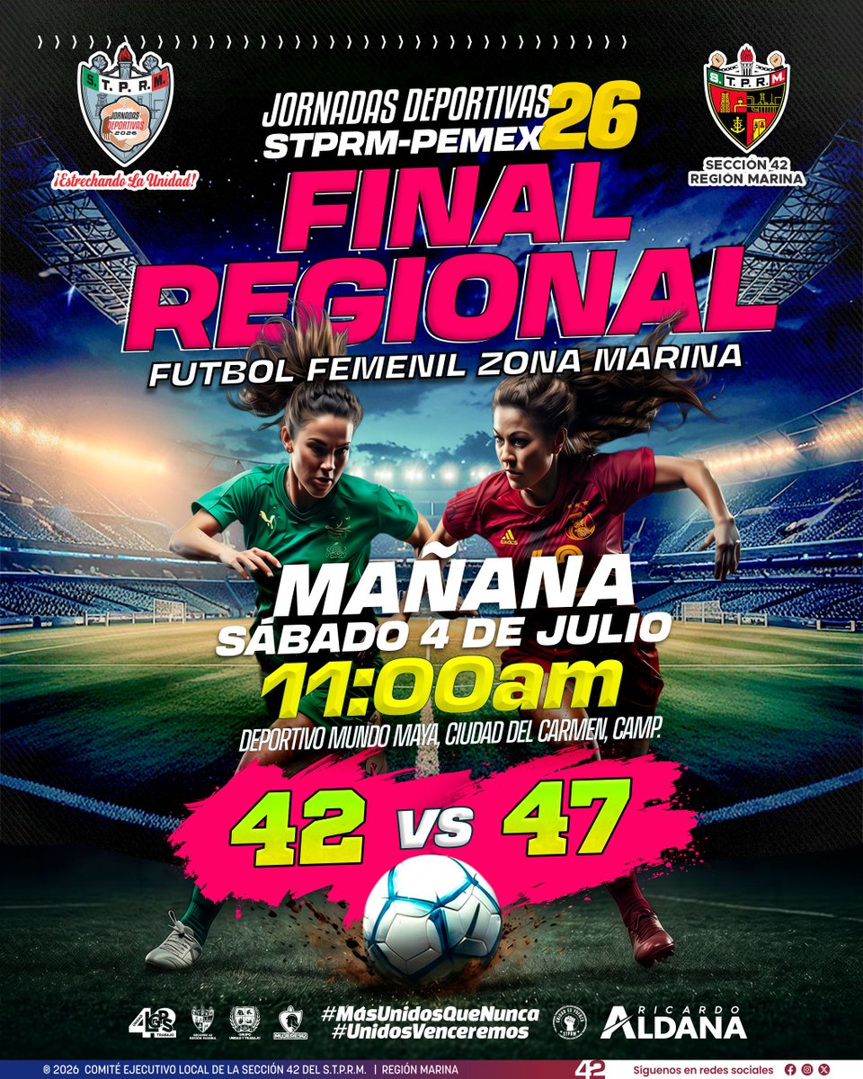 Seccion42_STPRM's tweet photo. Mañana sábado se disputa la Final Regional de la Zona Marina del futbol femenil, un encuentro decisivo en el que nuestras jugadoras de la Sección 42 buscarán coronar su esfuerzo, disciplina y entrega por el pase a la Etapa Nacional de las Jornadas Deportivas.

Invitamos a toda la comunidad petrolera a acompañar, alentar y hacer sentir su apoyo en esta gran final. Su presencia en las gradas impulsa a nuestras deportistas y fortalece el orgullo que nos une como familia petrolera.

¡Vamos con todo, Sección 42! Que se sienta la fuerza de nuestra gente en la final.

#SomosSTPRM #MásUnidosQueNunca #UnidosVenceremos
@lgps03101 @MarcoAzuara1