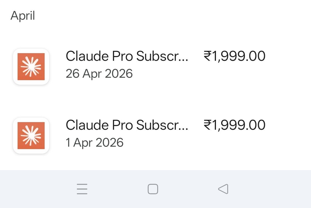 KiratSinghdev's tweet photo. I'm so confused! I subscribed on April 1st, expecting a monthly renewal, but I've been charged twice for ₹1,999.00 each time. Why two charges in April? 🤔 Is this a mistake? 💸 #billing https://t.co/I8RMN07Uck