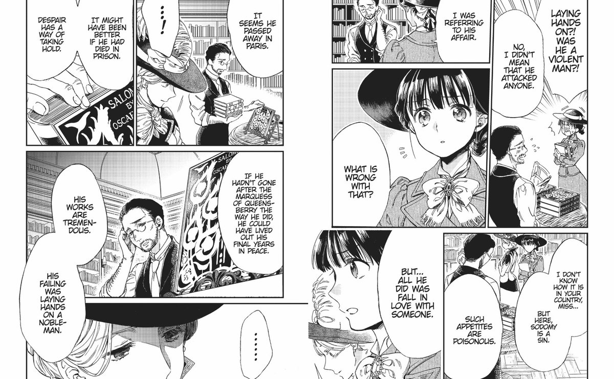 BloodRaven55's tweet photo. can’t say i ever expected to read oscar wilde brought up in a yuri manga as part of a discussion about historical homophobia in britain but damn this scene hits hard https://t.co/xuIu5Ozh5m