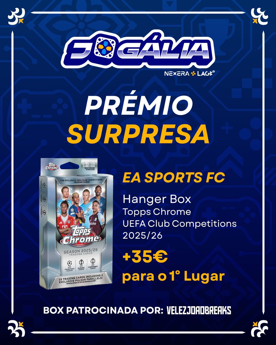 Jogaliaoficial's tweet photo. O primeiro lugar de EA Sports FC acabou de ficar ainda mais rijo 🔥

Além dos 35€, o vencedor leva também uma Hanger Box Topps Chrome UEFA Club Competitions 2025/26 patrocinada por VELEZJOAOBREAKS.

As inscrições fecham em breve, por isso garante já o teu lugar no link na bio 🏆 https://t.co/UQrVtRgPXl