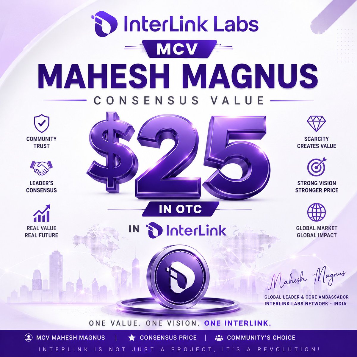 MaheshMagnus1's tweet photo. 💜 Announcement: MCV

At the time of writing, 🔥
If you want to sell, sell.
If you want to buy, buy.
No one is stopping you.
My MCV (Mahesh Magnus Consensus Value) remains at $25 per ITL in the OTC market.
Consensus isn't created by hype. It's built through vision, conviction, and community trust.
I don't believe in undervaluing an asset with long-term potential. True value is recognized by those who understand the vision.
This reflects my current OTC consensus value and may change in the future as market conditions evolve.
The market will decide the future, but every strong market begins with strong conviction.
#InterLink #ITLG #ITL #InterLinkSeoulPrivateMainnet