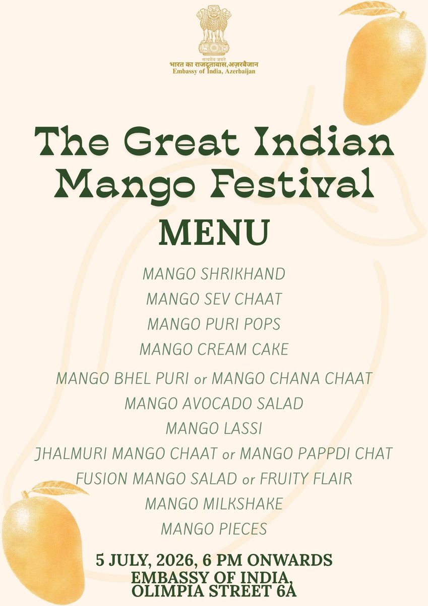 indembassybaku's tweet photo. The Great Indian Mango Festival in #Baku
#MuchMoreThanMangoes #CuratedMenu
#WorldClassChefs
#MangoMagic
#TasteOfIndia https://t.co/yrDENxkkJW
