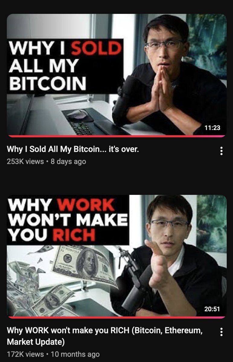 0neStockMan's tweet photo. Software dev YouTuber named techlead with 1.46M subscribers told everyone to quit their job and buy crypto at the literal peak. Last week, he said he sold them all and will buy back lower. $BTC up +5% since. https://t.co/UvfEAOxG1e