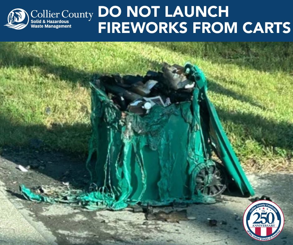 CollierGov's tweet photo. Fireworks + Garbage Carts = Bad Idea 🎆 🚫
Please do not launch fireworks from your carts. It’s unsafe and can melt, crack or damage the cart. Damaged carts may result in a replacement fee. #CollierCounty #PublicUtilities https://t.co/vSGEkGjnrF
