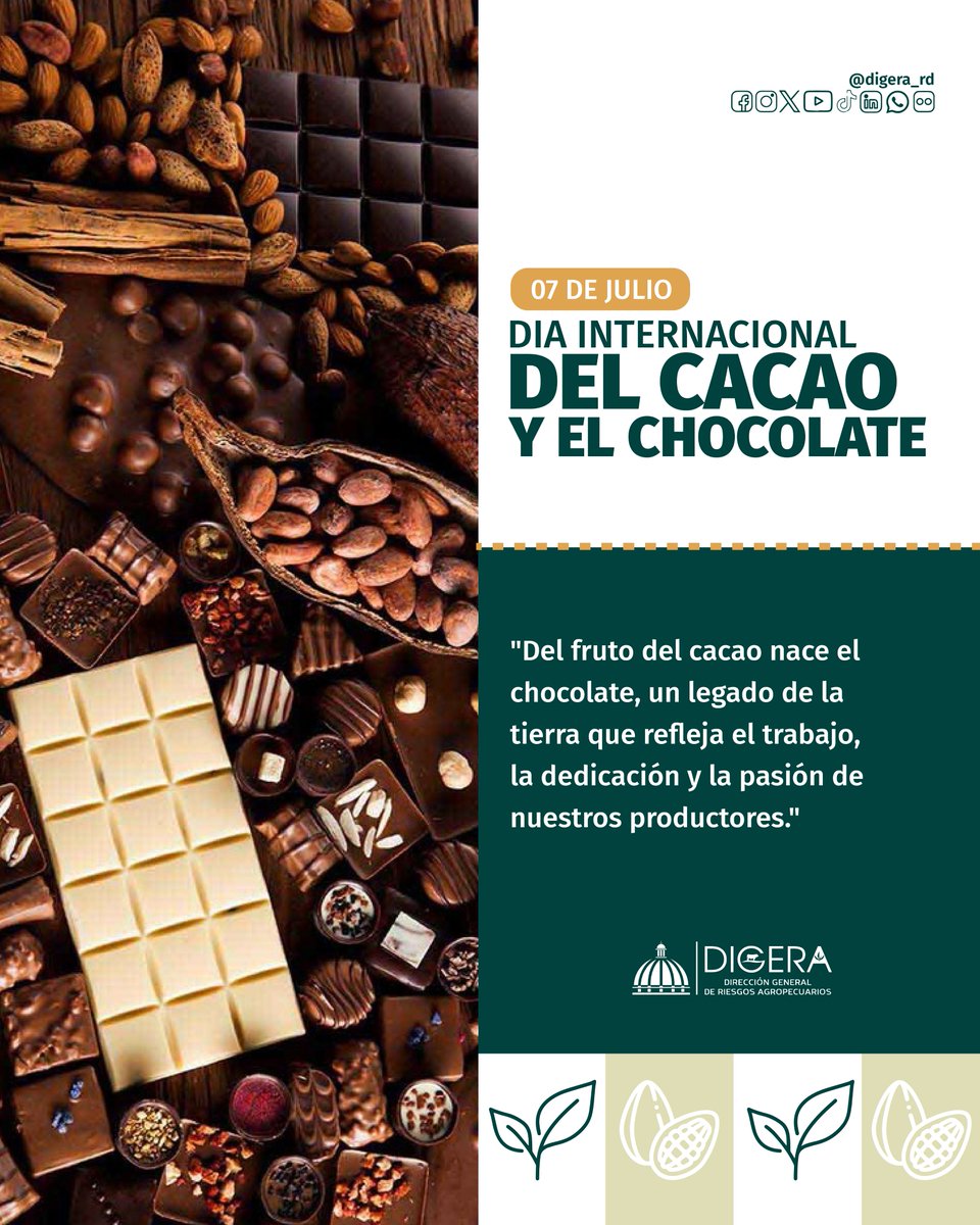 digera_rd's tweet photo. 🍫🌱Hoy celebramos uno de los frutos más emblemáticos de nuestra tierra y reconocemos el esfuerzo de miles de productores que hacen del cacao un motor de desarrollo para las comunidades rurales y un orgullo de la agropecuaria dominicana.

#DíaDelCacaoYElChocolate #DIGERA https://t.co/4Or6iQdYMO