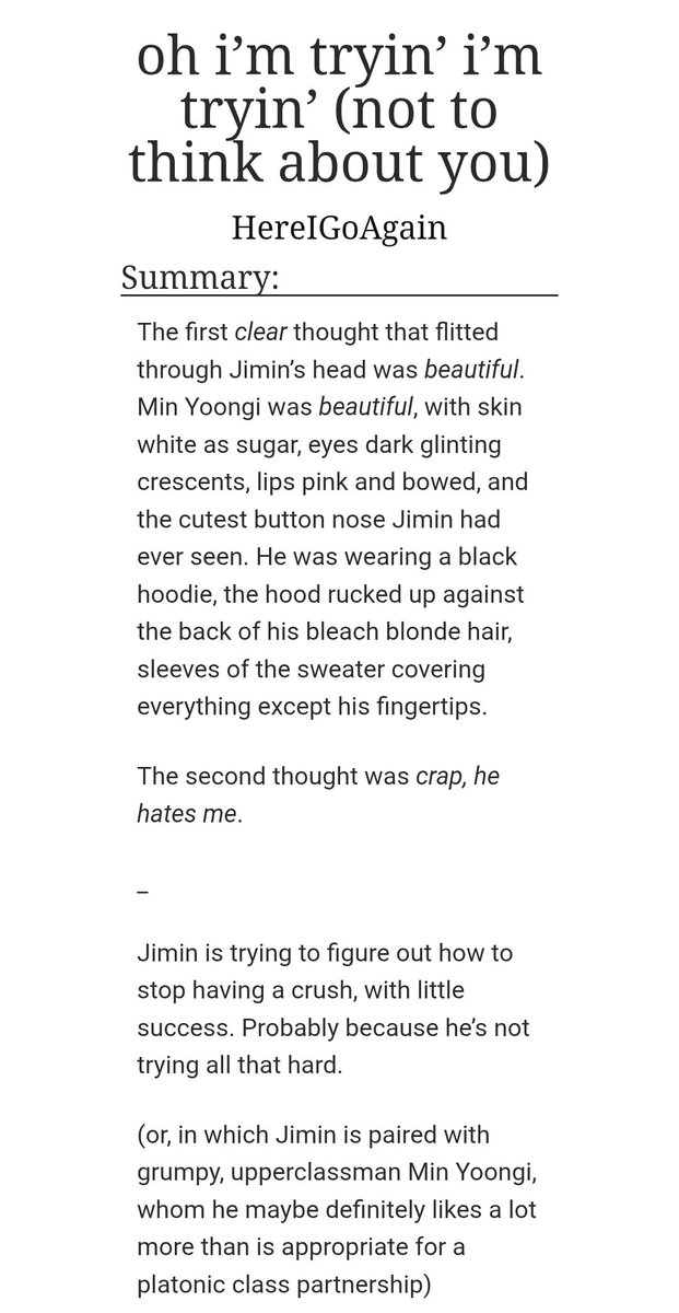 kendallicioso's tweet photo. a fic that has lyrics in the title ;

oh i'm tryin' i'm tryin' (not to think about you) by hereigoagain
• yoonmin 
• college au 
• grumpy x sunshine 

the way i'm still obsessed over this fic. 10/10 no notes. amazing brilliant spectacular.

🔗 https://t.co/bkOBPApkHL https://t.co/h5QcsacNL2