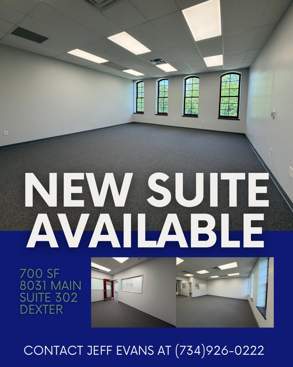 SwiComm's tweet photo. New Suite Now Available at Monument Park Office
📍 Downtown Dexter

These office spaces are perfect for businesses looking to establish themselves in the heart of Dexter with a vibrant community feel. Call Jeff Evans at (734)926-0222. https://t.co/dbJmekcCFY
