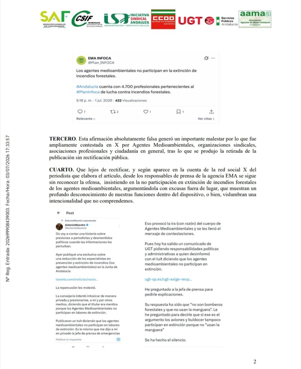 UGTForestales's tweet photo. La Unidad de Acción ha presentado hoy escrito de queja y solicitud de depuración de responsabilidades ante el Consejero de @InteriorJunta, @antoniosanz, por el enésimo atropello perpetrado desde la cuenta oficial en #RRSS del @Plan_INFOCA sobre el papel de los @AAMM_And 
#AAFFMM https://t.co/DvGlq050IJ