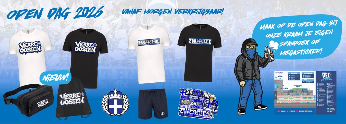 FEUZWOLLE's tweet photo. Morgen staan we, zoals ieder jaar, weer op de Open Dag van PEC Zwolle.

Je vindt onze kramen tegenover ingang A. Hier kun je terecht voor alle merchandise, waaronder stickersets en -rollen, T-shirts, zonnebrillen en caps. 

Betalen kan zowel contant als met PIN.

Tot morgen! https://t.co/7UQVpbBvYU