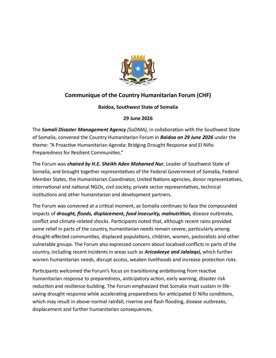 kalkalhuman's tweet photo. @kalkalhuman welcomes the communiqué issued following the Country Humanitarian Forum (CHF 2026) held in Baidoa. We believe that strong collaboration, effective coordination, and concrete action are essential to strengthening protection, delivering humanitarian assistance, and supporting vulnerable communities across Somalia.

We remain committed to working with all stakeholders to implement the forum's key recommendations and build more resilient, inclusive communities where no one is left behind.

Read the key highlights of the communiqué below 👇

#CHF2026 #HumanitarianAction #Protection #HumanRights #Somalia #KalkalHuman @SoDMA_Somalia @SoDMA_Somalia @Sihanet