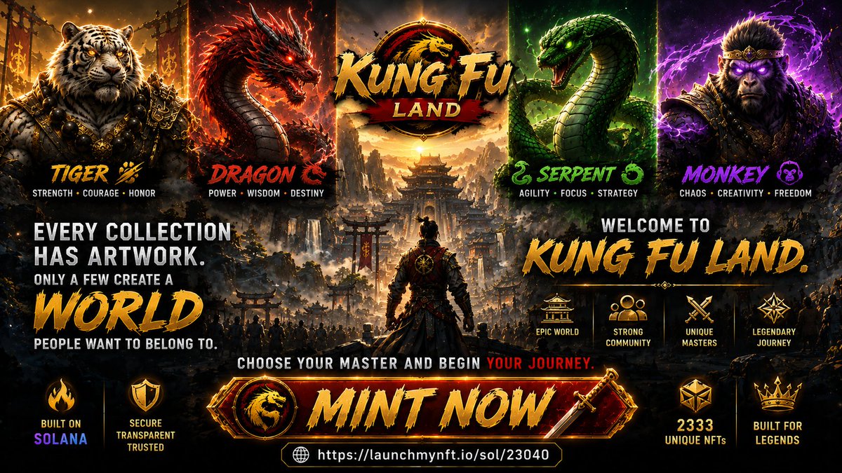 kungfulands's tweet photo. Every collection has artwork.

Only a few create a world people want to belong to.

⚔️ Welcome to Kung Fu Land.

🐅 Tiger
🐉 Dragon
🐍 Serpent
🐒 Monkey
Choose your Master.
Begin your journey.
👉 Mint now:
https://t.co/1gA3jSuo2E

#NFT #SolanaNFT #MintNow #Web3 https://t.co/XU6MVOOv6M