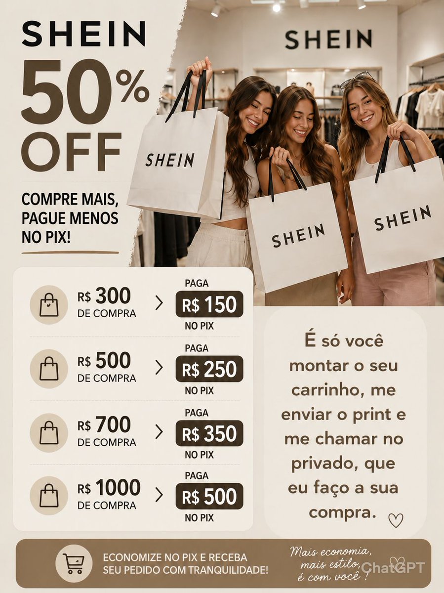 Mandelinhaccs's tweet photo. 🔥 SHEIN COM 50% OFF! 🔥

💥 PAGUE METADE DO VALOR DAS SUAS COMPRAS! 💥

🛍️ Você monta o carrinho do jeito que quiser.

📸 Envia o print no privado.

⚡ Recebe todas as orientações para concluir a compra. https://t.co/KvRFgFAPLl