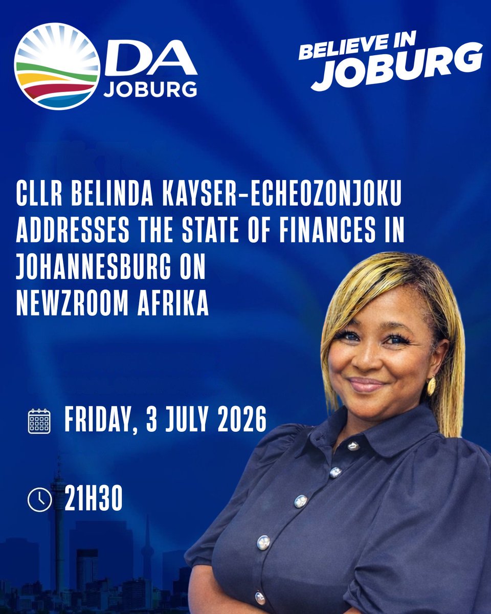 DA_JHB's tweet photo. 📺[WATCH] Catch Cllr Belinda Kayser-Echeozonjoku on Newzroom Afrika DStv Channel 405, at 21H30, as she addresses the state of finances in the City of Johannesburg.

#Zille4Mayor 
#BelieveInJoburg https://t.co/BeBlFq4rce