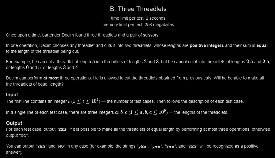 Siddhesh_2110's tweet photo. Day 213 π
β
LC POTD
β
GFG POTD
β
CF 1x Problem
CF Insight (Three Threadlets):
Choose the target length carefully.
If all threadlets can be split into equal parts using at most 3 cuts, answer = YES; otherwise = NO.
#Day213 #DSA #Codeforces #LeetCode https://t.co/WvQDfDZpmZ