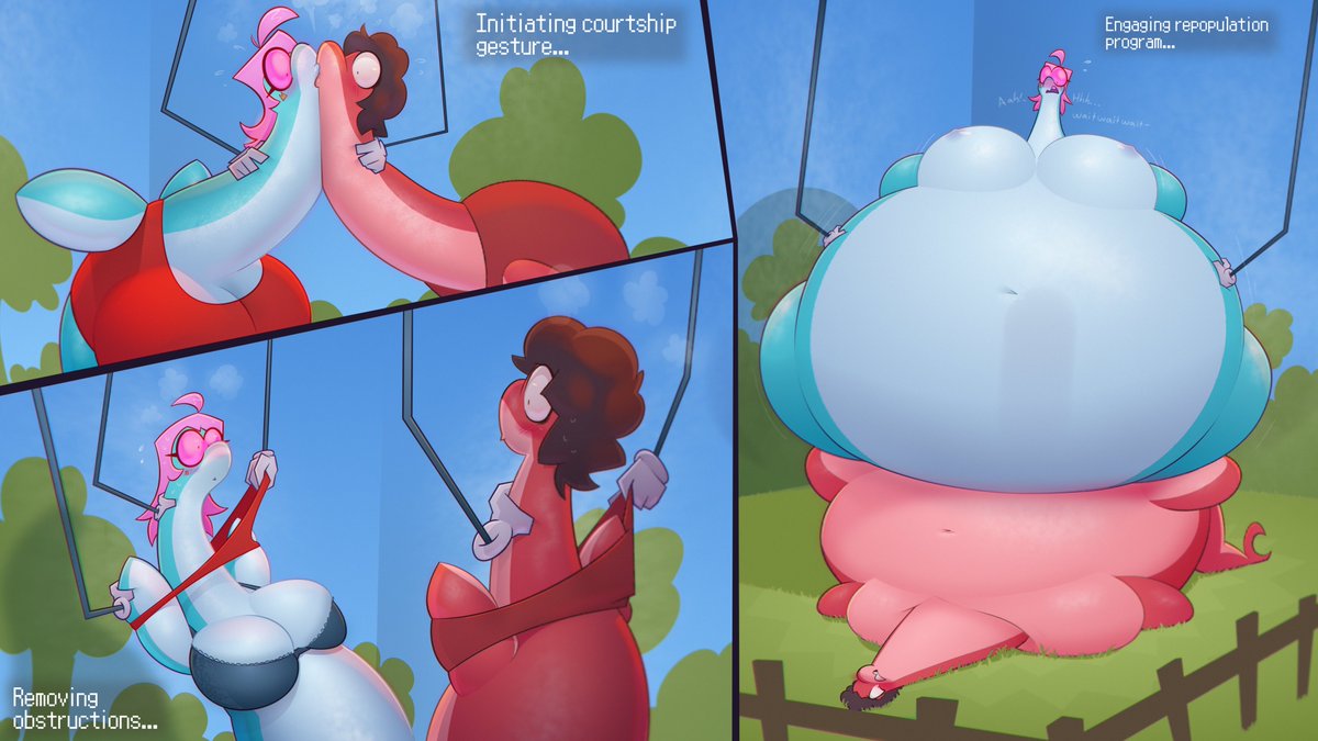 LadyLuckFate's tweet photo. A transformed Liam and Twinmill have found themselves involved in an unlikely solution to a population issue on the factory ranch.

No time to be shy when they got the busiest month imaginable ahead of them. 💙❤️

(Art trade with @SharkBubble2 ) https://t.co/DDn4SaUvMC