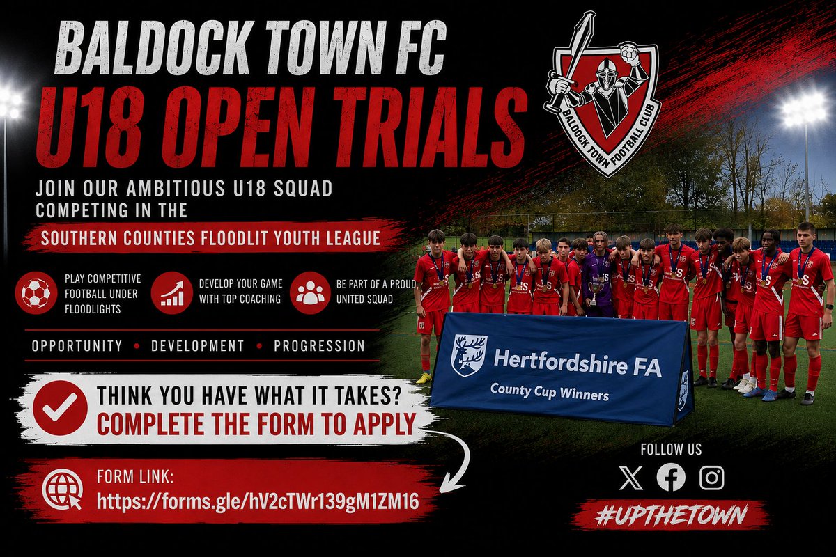 BaldockTownRes's tweet photo. Our U18s squad is looking for players to play midweek floodlit league and FA Youth Cup this season.
Follow this link to register your interest in trialling: https://t.co/jYvOLcbOPV… https://t.co/qPNXyck94b
