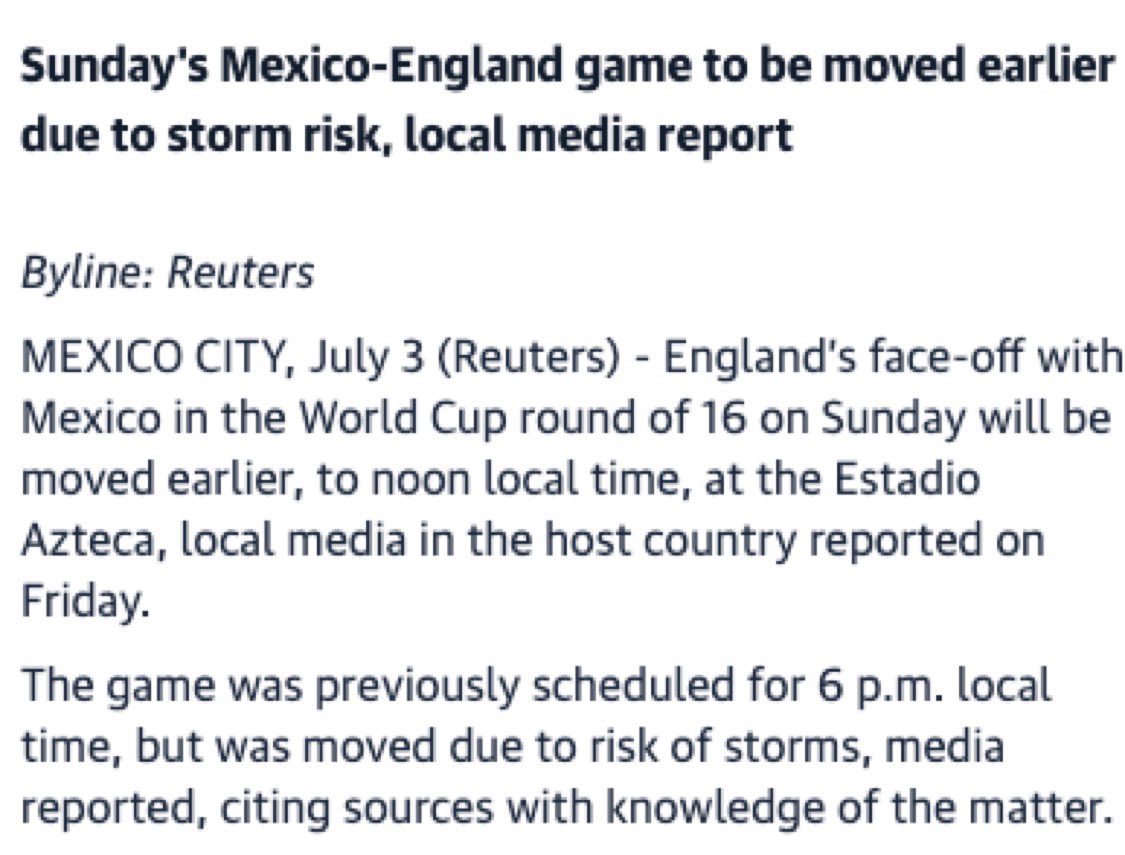 SheetSteve's tweet photo. 🚨 BREAKING NEWS 🚨

England’s game with Mexico has been moved to 7PM on Sunday. I can ensure you this is true. 

I work in Sports Data and I’ve already been briefed on this.

It should be 35 degrees in the Azteca at 12PM local time. https://t.co/GjcrhkQltN
