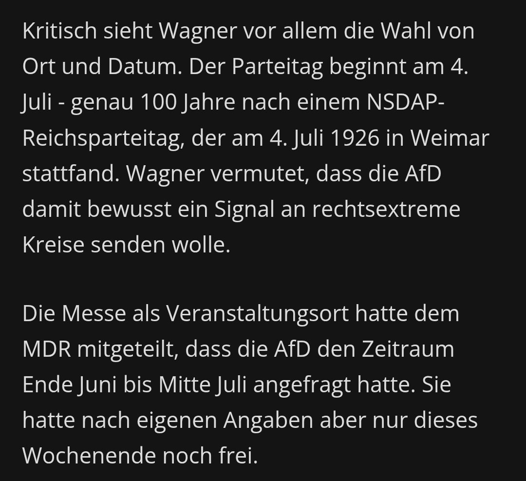 matzesmeinung's tweet photo. Könnt ihr euch noch an das Gejaule der Linken und der Medien erinnern?
Die AfD würde dieses Datum bewusst wegen der NSDAP und ihrem Parteitag in Erfurt gewählt haben?
Na sie mal an, was der MDR jetzt kleinlaut zugeben muss:
Der Messebetreiber hatte nur dieses Wochenende frei! 🤣 https://t.co/CwkjQOOz84