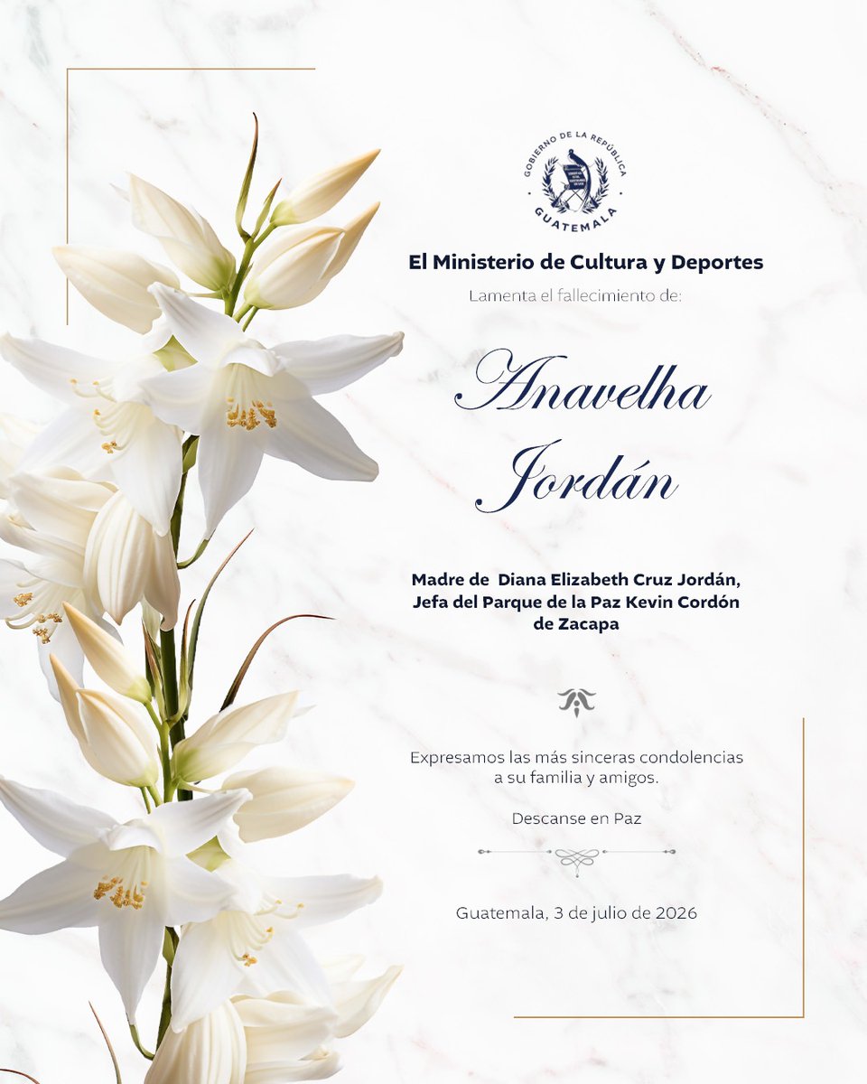 McdGuate's tweet photo. Lamentamos profundamente el sensible fallecimiento de Anavelha Jordán, madre de Diana Elizabeth Cruz Jordán, jefa del Parque de la Paz Kevin Cordón de Zacapa.

Expresamos nuestras condolencias y nos solidarizamos con su familia en estos momentos. https://t.co/bsbUqCGRvQ