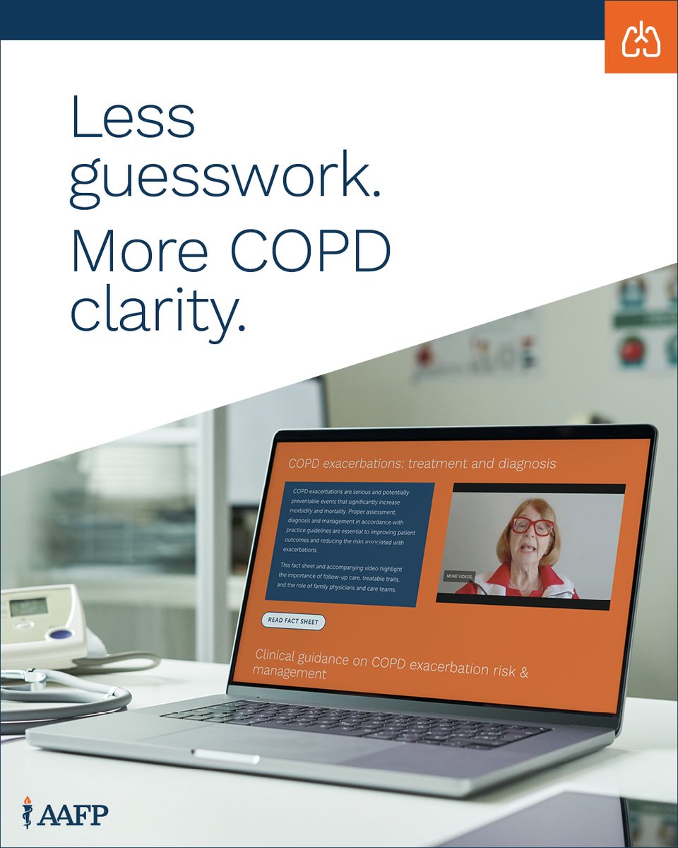 OregonAFP's tweet photo. Short on time? AAFP's new “practice hack” videos and quick-reference fact sheets deliver practical guidance on identifying exacerbation risk, recognizing disease progression and optimizing COPD management—fast. https://t.co/OBIMpsSDrF https://t.co/MfxE41zXO2