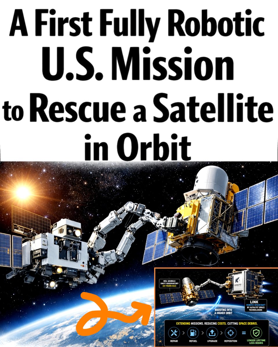 SciTechera's tweet photo. We're entering the era where satellites don't have to die and age of orbital maintenance has officially begun.

A first fully robotic U.S. mission to rescue a satellite in orbit 👀

Katalyst Space Technologies has launched LINK, a robotic spacecraft that will boost NASA's 22-year-old Neil Gehrels Swift Observatory into a higher orbit, helping extend its mission before atmospheric drag eventually pulls it back to Earth.

NASA awarded Katalyst a $30 MILLION contract for this historic mission.

This offers a glimpse of a future where satellites can be repaired, refueled, upgraded and repositioned in orbit. 

which will dramatically extend their lifetimes while also reducing space debris.