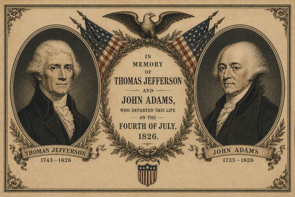BiblicalBeauty's tweet photo. The fact that John Adams and Thomas Jefferson both passed away on July 4th, 1826, 50 years after the adoption of the Declaration of Independence within 5 hours of one another is a detail so fantastic that only the Author of human history would think to include it in His plot. https://t.co/qY7nVum7hK
