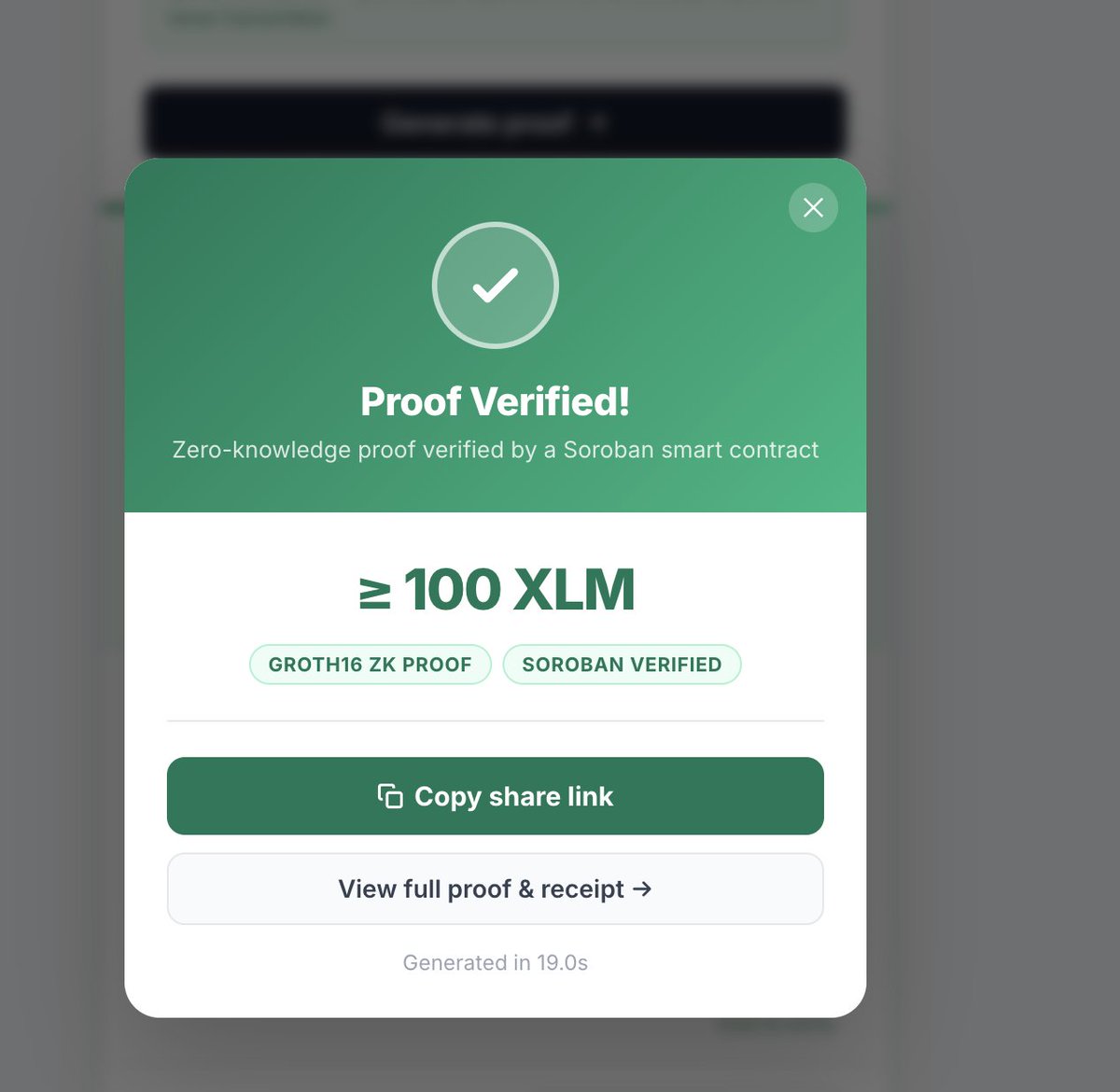 dreamgene_eth's tweet photo. I just proved I hold ≥ 100.00 XLM on Stellar using @ZKProofMatch without revealing my balance. Zero-knowledge proof, verified on-chain. #Stellar #ZKProof https://localhost:3443/v/dUqcqqsI https://t.co/c1XgNy85Po