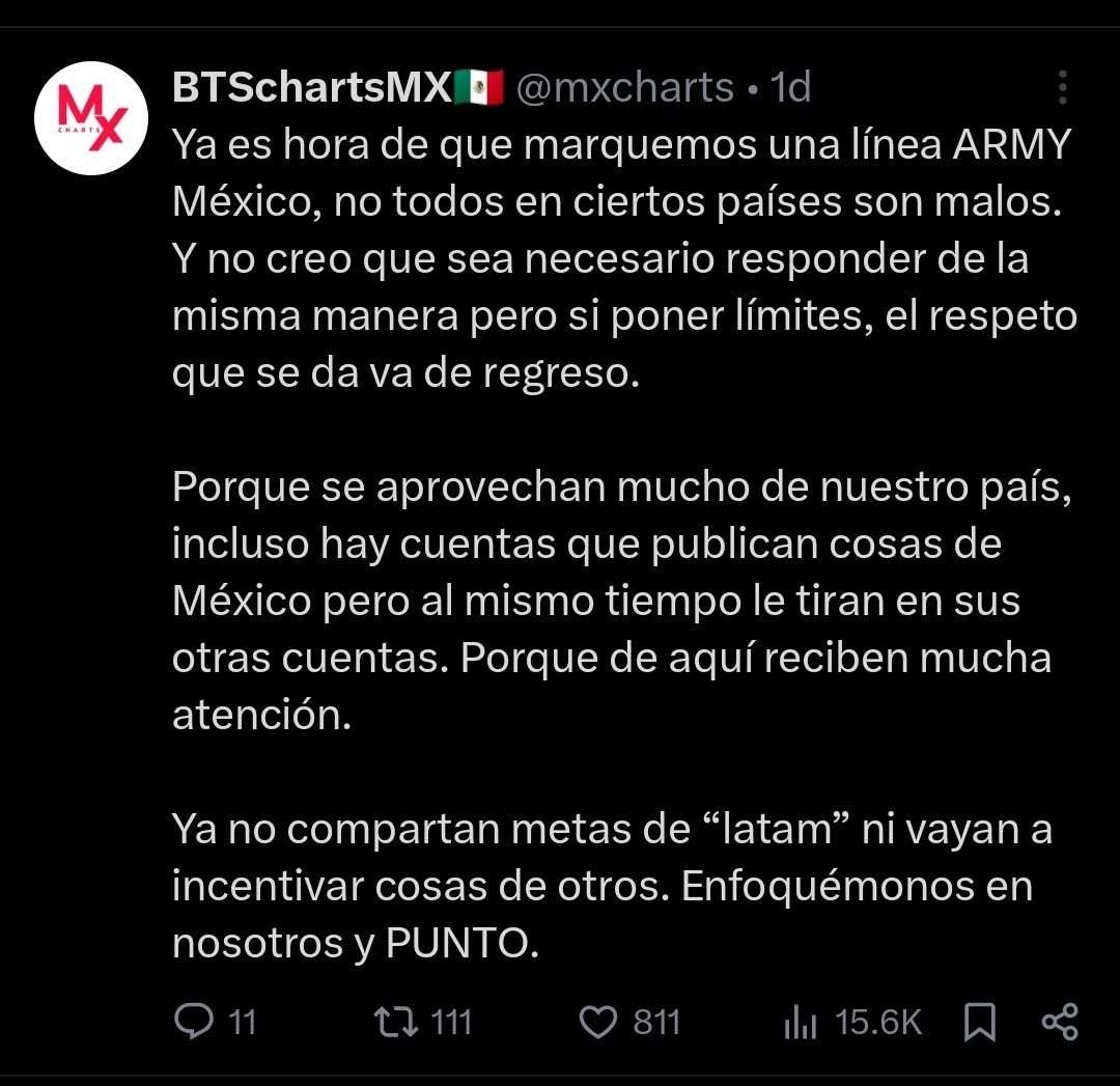 eclipseof__jk's tweet photo. Si tan solo usaras esa cuenta para hacer el bien y no para promover el mal, como lo hacés, no estarías diciendo que por decir ciertas cosas te “funan”.
Sí, se te ha funado, pero también se te han dicho verdades que, lamentablemente, vos no entendés.
Tu cuenta no sirve para otra cosa que promover el odio. 

Sentate, callate por un buen tiempo y dejá que las demás hagamos lo que vos, como persona y teniendo una cuenta grande, no hacés.
No importa de qué país seas. Te hacés llamar ARMY, y te recuerdo que, más allá de las diferencias que existan entre nosotras o entre nuestros países, siempre nos apoyamos.

Quienes señalaron a esa cuenta como fanbase no se equivocaron, porque una cuenta común como la mía, y muchas de las personas que siempre están ayudando, jamás harían lo que vos sí hacés.
Sos una fanbase más del montón, una que utiliza el nombre de BTS y de ARMY para beneficio propio.
Replanteate si verdaderamente sos ARMY, porque tus palabras y tus acciones solo nos demuestran lo contrario.

Y aprovecho para agregar algo más; si siguen a esta cuenta, dejen de hacerlo. Ya ha demostrado lo suficiente como para entender que no merece seguir siendo apoyada. Si no están de acuerdo con eso, entonces dejen de seguirme a mí. No quiero compartir espacio con personas que pertenezcan a ese ambiente tóxico.
Gracias.