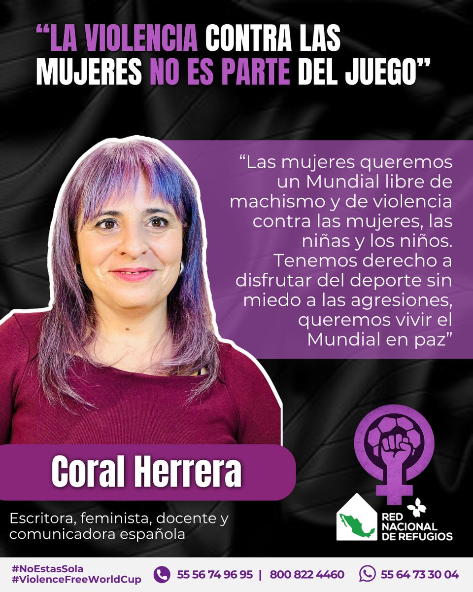 RNRoficial's tweet photo. ⚽💜 Un Mundial solo puede celebrarse plenamente cuando mujeres, niñas y niños pueden disfrutarlo libres de machismo, violencia y sin miedo.

Gracias a @coralherreragom  por sumar su voz a #LaViolenciaContraLasMujeresNoEsParteDelJuego.

#ViolenceFreeWorldCup https://t.co/PO9sdWWfCh