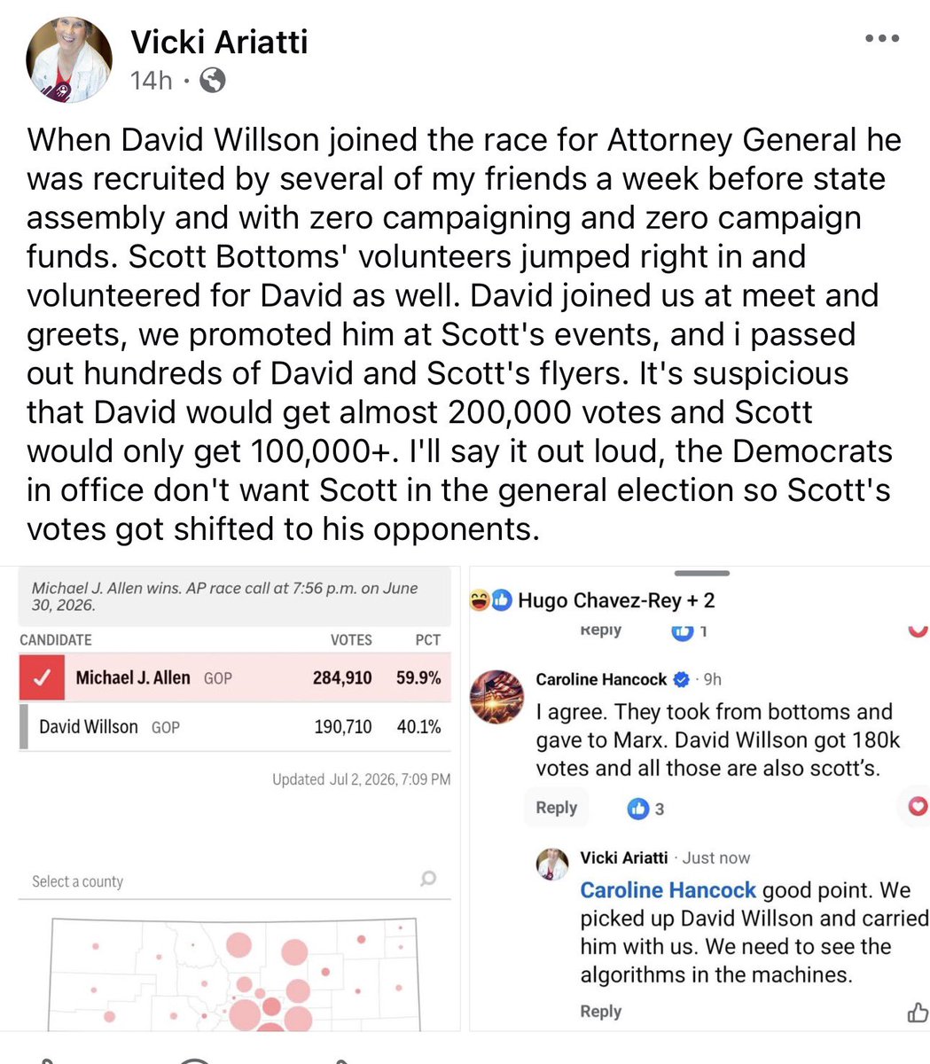 C1C's tweet photo. At the state assembly, the person (don’t know his name I’m sure many do) that was paid to come in to do BRITA HORNS JOB announced “I’m sorry we didn’t do a good job, the credentialing numbers are wrong and we are sorry” 

You don’t say that unless there’s cheating. It took us 5 hours to get inside and people were tired,… too tired to do anything close to a recount. I’d say that was planned like the old used car salesmen trick … who knows but the cheat was coordinated to a T, they even had a list with PICTURES of who to watch, and follow and those not to allow in the facility and so on (these were grassroots delegates like Dave Williams) The security plan was dubbed Nancy’s (palozi)… I almost wrote Palosi and it fits but it’s their brain child while their elected state chair sat and watched bc she was voted to be on the sidelines. They had it allllllllll planned except we started 5 hours way late and a few heat strokes later. 

Marx had the VIP shadow box above, only coming out when he has to surrounded by his 20 paid security personnel. Special treatment much? 

The campaign violations from the very beginning - filed and investigated to be VALID,… just ignored and then about 3 weeks ago:  dismissed. Plain ole dismissed. I got the email stating as such. 

No one would have voted for David that didn’t also vote for scott. It’s plain and simple. And just like at assembly when we knew Victor did NOT have the signatures needed for DISTRICT 1 (he faked that he did- he didn’t which is the reason he needed the assembly’s 30%) he also didn’t have the votes at assembly and they then took from scott’s (and others I’m sure) then too.

He was always THE FIX. Why didn’t he at least TRY to debate, TRY TO LOOK the part on a 9 News debate stage? Bc he was THE FIX and he KNEW IT. 

It isn’t close. It’s just the cheat.