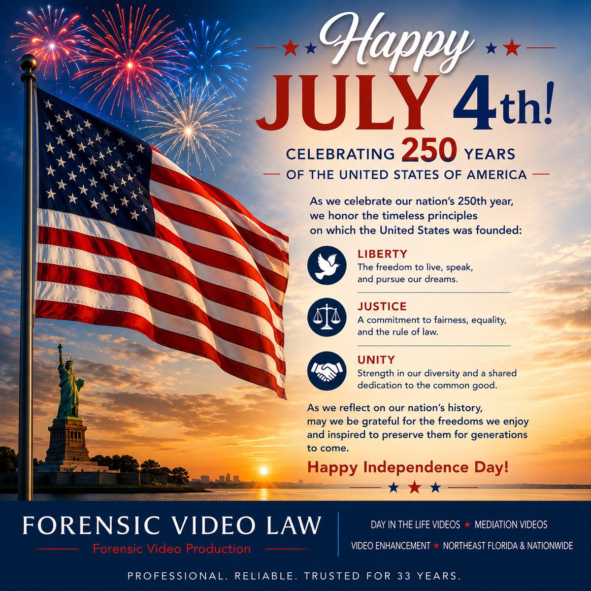 Forensic_Video's tweet photo. Wishing everyone a safe and meaningful Independence Day as we celebrate America's 250th year. Happy #July4th! 🇺🇸 #IndependenceDay https://t.co/vO33aHQEs6