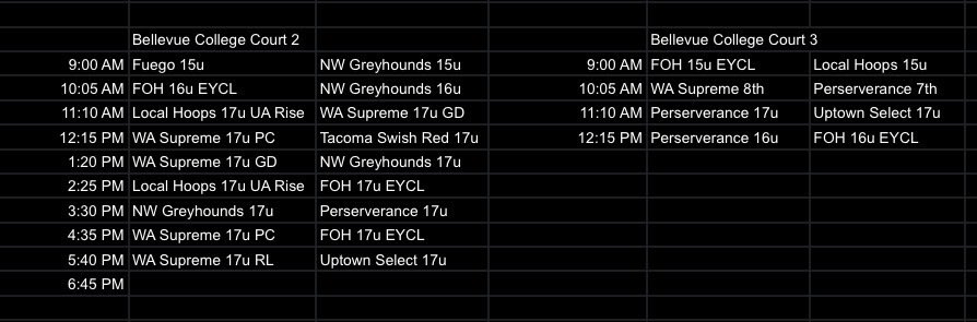 HollywoodTone's tweet photo. @FOHSeattle will not be playing in Battle of Seattle this weekend. Instead, we will be playing 2 games on Sunday at Bellevue College. College coaches welcomed. Schedule below https://t.co/ovVVe3rItT