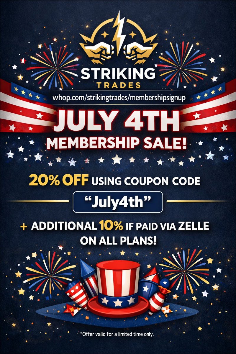 IamSuperTrader's tweet photo. :fire: JULY 4TH MEGA SALE — LIMITED TIME ONLY :fire: @here 

We’re running the strongest offer of the year right now:

:star: 20% OFF on ALL PLANS  
This discount applies to every plan as long as your membership stays active.
Any future price increases won’t apply to you — your rate stays locked as long as you don’t cancel.

:money_with_wings: Extra 10% OFF if you pay via Zelle  
If you want to pay via Zelle, comment here or DM me directly. I’ll handle it personally.

:busts_in_silhouette: Existing members can upgrade too  
You’ll receive pro‑rated credit for any unused time on your current plan.
No loss — only savings.

:dart: This July 4th pricing is temporary. Once the sale ends, the locked‑rate discount disappears. -> https://t.co/yToAEXYmvm